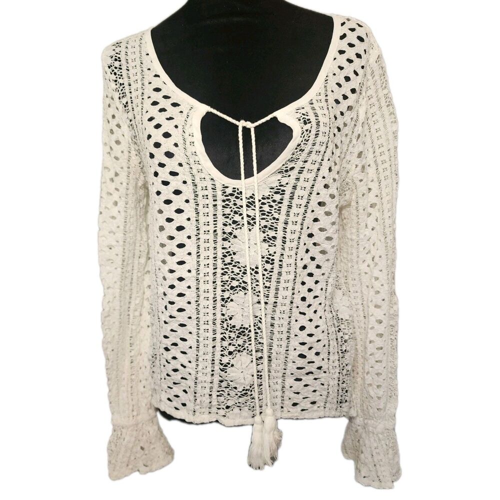 I Jeans by Buffalo Women's Sz M White Long Sleeve Lace Crochet Tassels Layering
